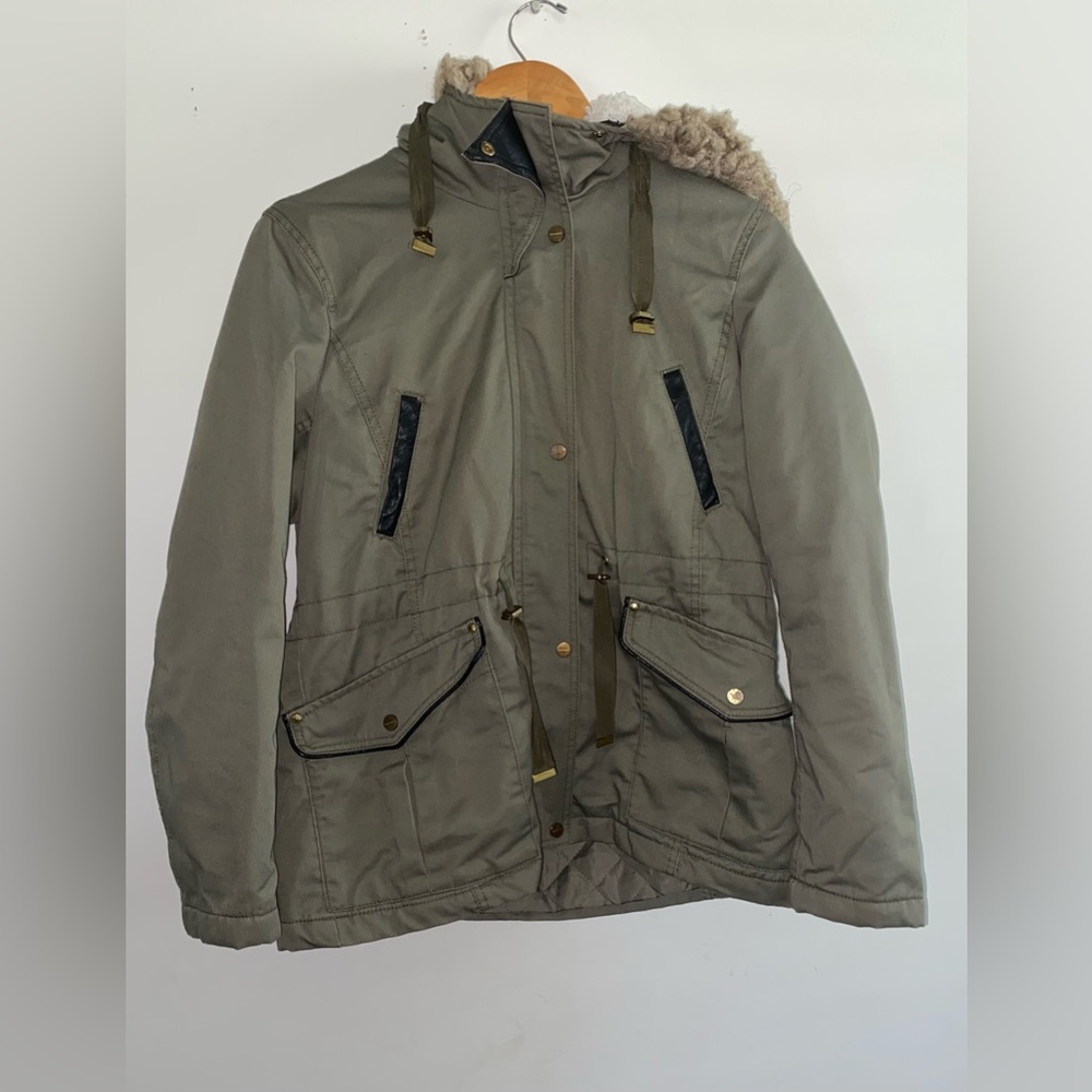 H&M Army Green Jacket with Faux Fur Hood Size 10